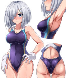 Rule 34 | 1girl, armpits, blue eyes, breasts, competition swimsuit, eyes visible through hair, gloves, hair ornament, hair over one eye, hairclip, hamakaze (kancolle), highres, kantai collection, large breasts, one-piece swimsuit, purple one-piece swimsuit, short hair, silver hair, solo, swimsuit, wet, wet clothes, wet swimsuit, white gloves, zanntetu