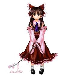 Rule 34 | 1girl, bow, brown hair, detached sleeves, european clothes, female focus, flower, full body, gohei, hair bow, hakurei reimu, highres, japanese clothes, long hair, mary janes, miko, phantasmagoria of flower view, plant, red eyes, ribbon, shoes, solo, standing, touhou, transparent background, yafu