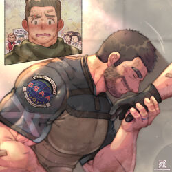 Rule 34 | artist logo, artist name, bandaid, bandaid on face, bear, beard stubble, blush, brown eyes, brown hair, chibi, chris redfield, facial hair, gloves, heart, highres, holding hands, implied yaoi, jewelry, kneeling, large pectorals, male focus, multiple boys, multiple girls, muscular, muscular male, nose blush, onionworkshop, open mouth, pectorals, piers nivans, resident evil, ring, scarf, short hair, shy, smirk, spiked hair, stubble, thick arms, thick eyebrows, tight clothes, twitter username, upper body, veins, yaoi