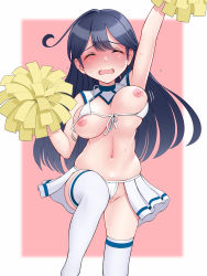 Rule 34 | 1girl, absurdres, ahoge, bare arms, bare shoulders, bikini, black hair, blush, border, breasts, cheering, cheerleader, closed eyes, hair between eyes, highres, holding, holding pom poms, kantai collection, large breasts, long hair, navel, nipples, open mouth, pom pom (cheerleading), pom poms, solo, swimsuit, thighhighs, tussy, ushio (kancolle), white bikini, white border, white thighhighs