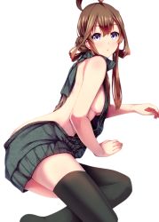 Rule 34 | 10s, 1girl, ahoge, aran sweater, backless dress, backless outfit, bare back, bare shoulders, black thighhighs, blush, breasts, brown hair, cable knit, commentary request, dress, hair between eyes, halterneck, kantai collection, kongou (kancolle), konkito, long hair, looking at viewer, lying, medium breasts, meme attire, naked sweater, no shoes, on side, parted lips, purple eyes, ribbed sweater, sideboob, simple background, solo, sweater, sweater dress, thighhighs, thighs, turtleneck, turtleneck sweater, virgin killer sweater, white background