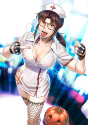Rule 34 | 1girl, alternate costume, azasuke, bespectacled, black gloves, black lagoon, breasts, brown eyes, brown hair, cleavage, collarbone, costume, female focus, fingerless gloves, fishnet thighhighs, fishnets, glasses, gloves, halloween, halloween costume, hat, highres, jack-o&#039;-lantern, large breasts, looking at viewer, middle finger, nurse, nurse cap, open mouth, ponytail, pumpkin, red-framed eyewear, revy (black lagoon), sidelocks, solo, tattoo, thighhighs, tongue, tongue out, zettai ryouiki