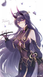 Rule 34 | 1girl, :o, antenna hair, bare shoulders, breasts, china dress, chinese clothes, cleavage, cup, dress, elbow gloves, glasses, gloves, hair between eyes, hair ornament, highres, holding, holding tray, honkai (series), honkai impact 3rd, horns, long hair, looking at viewer, open mouth, petals, purple dress, purple eyes, purple gloves, purple hair, raiden mei, raiden mei (herrscher of thunder), senin liku, simple background, solo, tray, white background