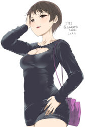 Rule 34 | 1girl, amasora taichi, bag, black dress, breasts, brown eyes, brown hair, carrying, character name, cleavage, cleavage cutout, clothing cutout, commentary, cowboy shot, dated, dress, freckles, girls und panzer, half-closed eyes, hand in own hair, hand on own hip, handbag, highres, long sleeves, looking at viewer, medium breasts, microdress, naomi (girls und panzer), one-hour drawing challenge, open mouth, short hair, simple background, skin tight, smile, solo, standing, translated, twitter username, very short hair, white background