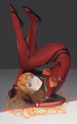 Rule 34 | 1girl, :/, artist request, ass, blue eyes, bodysuit, breasts, brown hair, full body, hair down, highres, interface headset, legs up, lips, long hair, medium breasts, neon genesis evangelion, plugsuit, red bodysuit, shiny clothes, simple background, solo, souryuu asuka langley, white background