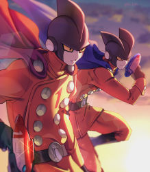 Rule 34 | 2boys, belt, black belt, black eyes, black footwear, black gloves, blue cape, blurry, boots, buttons, cape, closed mouth, cloud, colored sclera, colored skin, commentary request, depth of field, double-breasted, dragon ball, dragon ball super, dragon ball super super hero, drawing gun, energy gun, floating cape, from side, gamma 1, gamma 2, gloves, grey skin, gun, highres, holding, holding gun, holding weapon, jacket, long sleeves, male focus, multiple boys, outdoors, pants, parted lips, ray gun, red cape, serious, sky, smile, superhero costume, twitter username, weapon, wind, yellow jacket, yellow pants, yellow sclera, zero-go