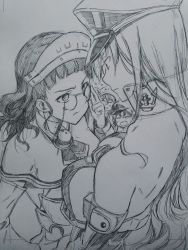 Rule 34 | 10s, 4girls, adjusting eyewear, ballpoint pen (medium), bare shoulders, bismarck (kancolle), breasts, capelet, chain, detached sleeves, closed eyes, flying sweatdrops, frown, glasses, greyscale, kantai collection, kojima takeshi, large breasts, littorio (kancolle), long hair, long sleeves, looking at another, maid headdress, military, military uniform, monochrome, monochrome, multiple girls, open mouth, pince-nez, prinz eugen (kancolle), roma (kancolle), short hair, sweatdrop, traditional media, turn pale, uniform
