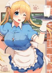 Rule 34 | 1girl, ;d, apron, blend s, blonde hair, blue dress, blue eyes, blush, breasts, buttons, chalkboard, cowboy shot, cup, dress, drink, drinking glass, drinking straw, frilled apron, frills, gloves, hair between eyes, hand on own hip, head scarf, head tilt, hinata kaho, holding, holding tray, long hair, medium breasts, milk, mush (mushlicious), one eye closed, open mouth, puffy short sleeves, puffy sleeves, round teeth, short sleeves, smile, solo, standing, stile uniform, tareme, teeth, thigh gap, tray, twintails, waist apron, white apron, white gloves