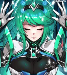 Rule 34 | 1girl, armor, breasts, cleavage, closed eyes, closed mouth, earrings, gloves, glowing, green eyes, highres, jewelry, long hair, meowyin, pneuma (xenoblade), ponytail, smile, solo, tiara, white gloves, xenoblade chronicles (series), xenoblade chronicles 2