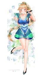 Rule 34 | 1girl, arai hitomi (rc f), blonde hair, blue dress, blush, borrowed character, breasts, brown eyes, closed mouth, collarbone, commission, dress, green dress, hair ribbon, highres, holding, holding microphone, idol, large breasts, leg up, long hair, looking at viewer, microphone, mole, multicolored clothes, multicolored dress, multicolored ribbon, original, ponytail, puppypaww, ribbon, shoes, smile, solo, standing, standing on one leg, very long hair