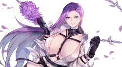 Rule 34 | 1girl, absurdres, black survival, blouse, body writing, bondage gear, bouquet, breasts, chain, cleavage, earrings, facing viewer, flower, gevjon, highres, jewelry, large breasts, laura (black survival), lily (flower), long hair, looking at viewer, open clothes, open shirt, purple eyes, purple hair, shirt, smile, solo, tagme, very long hair, white background, white shirt