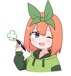 Rule 34 | 1girl, ;d, blue eyes, blush, commentary request, cropped torso, drawstring, eyebrows hidden by hair, go-toubun no hanayome, green hairband, green hoodie, green ribbon, hair between eyes, hair ribbon, hairband, hand up, holding, holding stylus, hood, hood down, hoodie, kujou karasuma, long sleeves, looking at viewer, nakano yotsuba, one eye closed, open mouth, orange hair, puffy long sleeves, puffy sleeves, ribbon, simple background, smile, solo, stylus, upper body, white background