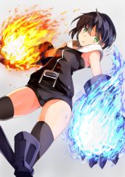 Rule 34 | armpit peek, bare shoulders, black hair, blue fire, boots, choker, claw (weapon), claws, commentary request, eternal flame, fire, from below, gauntlets, gluteal fold, green eyes, grey background, knee boots, million arthur (series), okosan (pixiv), open mouth, short hair, short shorts, shorts, simple background, sleeveless, sleeveless sweater, sleeveless turtleneck, solo, sweater, thighhighs, thighs, turtleneck, undershirt, weapon