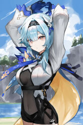 1girl absurdres arms_up black_hairband black_shorts blue_hair blue_sky breasts brown_eyes cloud commentary_request covered_navel cowboy_shot day eula_(genshin_impact) genshin_impact hair_ornament hairband highres long_sleeves medium_breasts s_4ik4 shirt short_shorts shorts sky solo standing water white_shirt