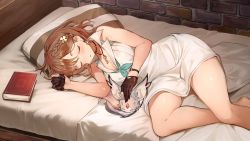 Rule 34 | 1girl, artist request, atelier (series), atelier ryza, atelier ryza 2, bare shoulders, bed, blanket, blush, book, braid, breasts, brick wall, brown gloves, brown hair, cleavage, closed eyes, collared shirt, commentary request, earrings, gloves, green neckwear, hair behind ear, hair ornament, half gloves, indoors, jewelry, key, key necklace, lying, medium breasts, necklace, on side, partially fingerless gloves, pillow, pupps, reisalin stout, shirt, side braid, sleeping, sleeveless, sleeveless shirt, star (symbol), star earrings, thighs, white shirt