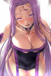 Rule 34 | 1girl, akinaie, blush, breasts, cleavage, collar, cowboy shot, detached collar, dress, elbow gloves, facial mark, fate/stay night, fate (series), forehead mark, foreshortening, gloves, large breasts, long hair, medusa (fate), medusa (rider) (fate), medusa (rider) (third ascension) (fate), open mouth, purple eyes, purple hair, rectangular pupils, sleeveless, solo, standing, strapless, strapless dress, thighs, very long hair, white background