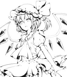 Rule 34 | 1girl, ascot, bad id, bad twitter id, bat wings, bow, collar, crystal, egret, female focus, flandre scarlet, frilled collar, frilled shirt collar, frilled skirt, frills, greyscale, hat, hat bow, hat ribbon, highres, mob cap, monochrome, open mouth, puffy short sleeves, puffy sleeves, ribbon, short sleeves, side ponytail, simple background, skirt, solo, touhou, white background, wings
