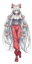 Rule 34 | 1girl, absurdres, bow, collared shirt, commentary, footwear bow, fujiwara no mokou, full body, grey hair, hair bow, highres, long hair, looking to the side, ofuda, ofuda on clothes, pants, ponko77144921, red eyes, red footwear, red pants, shirt, simple background, solo, touhou, very long hair, white background, white bow, white shirt