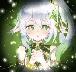 Rule 34 | 1girl, absurdres, bracelet, child, commentary, cross-shaped pupils, detached sleeves, dress, genshin impact, gradient hair, green eyes, green hair, green sleeves, hair ornament, highres, jewelry, kizari 479, leaf hair ornament, long hair, multicolored hair, nahida (genshin impact), open mouth, pointy ears, side ponytail, solo, symbol-only commentary, symbol-shaped pupils, white dress, white hair