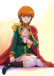 Rule 34 | 1girl, belt, black belt, black footwear, blush, boots, bra, breasts, brown hair, cape, cleavage, closed mouth, gacha-m, green eyes, green jacket, gundam, gundam unicorn, jacket, long sleeves, looking at viewer, military jacket, mineva lao zabi, open clothes, open jacket, panties, pantyhose, red cape, short hair, simple background, sitting, small breasts, solo, underwear, wariza, white background, white bra, white panties