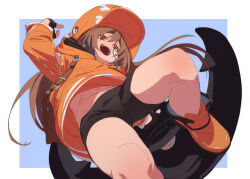Rule 34 | 1girl, :d, anchor, bike shorts, brown eyes, brown hair, fingerless gloves, fu-ta, gloves, guilty gear, highres, long hair, may (guilty gear), open mouth, simple background, smile, solo