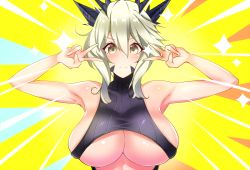 Rule 34 | 1girl, artoria pendragon (fate), artoria pendragon (lancer alter) (fate), bare shoulders, blonde hair, blush, breasts, closed mouth, double v, emotional engine - full drive, fate/grand order, fate (series), hair between eyes, hands up, horns, large breasts, long hair, looking at viewer, parody, revealing clothes, sankakusui, shiny skin, sideboob, sidelocks, solo, sparkle, underboob, v, yellow background, yellow eyes