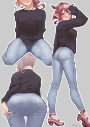 Rule 34 | 1girl, absurdres, aiharararara, arms behind back, ass, bent over, black sweater, blush, breasts, demon horns, denim, female pervert, hand on own ass, hand up, heterochromia, highres, hololive, hololive english, horns, irys (hololive), jeans, kneeling, large breasts, long hair, multiple views, open mouth, pants, pervert, pink footwear, pointy ears, red hair, red nails, smile, solo, standing, sweater, virtual youtuber, wavy mouth