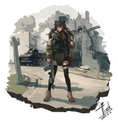 Rule 34 | 1girl, 1other, absurdres, alternate costume, ammunition pouch, animal ears, ankle boots, arknights, bear ears, black hair, black thighhighs, blue eyes, boots, brown footwear, camouflage, city, closed mouth, dated, day, digital camouflage, full body, gun, gun sling, highres, holding, holding gun, holding weapon, jacket, long hair, long sleeves, looking at viewer, military, military jacket, military vehicle, missile, motor vehicle, multicolored hair, outdoors, pouch, red hair, road, rocket launcher, rpg (weapon), russo-ukrainian war, signature, smoke, solo focus, standing, streaked hair, street, stuffed animal, stuffed toy, tank, teddy bear, thighhighs, trigger discipline, tuziki sang, two-tone hair, v-shaped eyebrows, walkie-talkie, weapon, weapon request, z (russian symbol), zima (arknights)