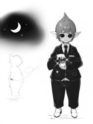 Rule 34 | 1boy, clover, collared shirt, commentary, crescent, english commentary, failure, final fantasy, final fantasy xiv, formal, four-leaf clover, full body, glasses, glint, jamjamstyle, jewelry, lalafell, leaf, male focus, monochrome, moon, necktie, open mouth, pointy ears, pointy hair, ring, ring box, shirt, short hair, solo, star (sky), suit, wedge (ff14)