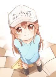 Rule 34 | 10s, 1girl, bafarin, blue shirt, blush, boots, brown eyes, brown hair, character name, clothes writing, collarbone, flag, flat chest, hair between eyes, hat, hataraku saibou, long hair, looking at viewer, platelet (hataraku saibou), rubber boots, shirt, simple background, smile, solo, tile floor, tiles, white background, white hat