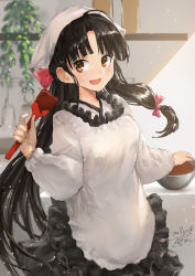 Rule 34 | 1girl, ahoge, apron, black hair, blush, brown eyes, chocolate, commentary request, cooking, dated, frills, hair between eyes, hair ribbon, hat, headband, highres, holding, indoors, kantai collection, kappougi, long hair, long sleeves, looking at viewer, low-tied long hair, open mouth, pot, red ribbon, ribbon, shouhou (kancolle), smile, solo, spatula, standing, toka (marchlizard), valentine, very long hair
