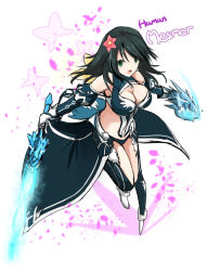 Rule 34 | 1girl, :d, ankle boots, armor, bikini armor, black hair, blush, boots, breasts, cleavage cutout, clothing cutout, dual wielding, energy sword, fatkewell, flower, full body, fur trim, green eyes, guild wars (series), guild wars 1, guild wars 2, hair flower, hair ornament, holding, ice, large breasts, looking at viewer, open mouth, simple background, skirt, smile, solo, sword, weapon, white background