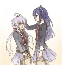 Rule 34 | &gt;:d, 10s, 2girls, :d, ahoge, annoyed, arm at side, bag, blue hair, blush, cowboy shot, from side, gradient background, hair ornament, hairclip, hand in own hair, hand on another&#039;s head, headpat, height difference, kazanari tsubasa, long sleeves, looking at another, multiple girls, necktie, open mouth, pleated skirt, profile, purple eyes, purple necktie, sayasora, school bag, school uniform, scrunchie, senki zesshou symphogear, side ponytail, simple background, skirt, smile, standing, twintails, v-shaped eyebrows, v arms, white hair, yukine chris