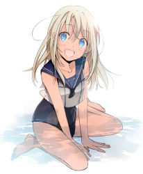 Rule 34 | 10s, 1girl, :d, bad id, bad pixiv id, barefoot, blonde hair, blue eyes, blush, kantai collection, long hair, oda kazuomi, one-piece swimsuit, open mouth, partially submerged, ro-500 (kancolle), school swimsuit, simple background, sitting, smile, solo, swimsuit, tan, tanline, v arms, wariza, water
