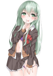 Rule 34 | 10s, 1girl, :p, absurdres, black jacket, black skirt, blouse, bra, brown sweater, cardigan, green eyes, green hair, hair ornament, hairclip, hashiko nowoto, highres, jacket, kantai collection, long hair, long sleeves, neck ribbon, open clothes, open jacket, open shirt, panties, panty pull, pleated skirt, purple bra, purple panties, red ribbon, ribbon, shirt, simple background, skirt, smile, solo, suzuya (kancolle), sweater, sweater jacket, tongue, tongue out, underwear, white background, white shirt