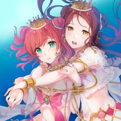 Rule 34 | 2girls, alternate hairstyle, aqua eyes, blue background, bow, bracelet, brooch, commentary, crop top, crown, double bun, earrings, fins, hair bun, hands on another&#039;s arms, head fins, highres, hug, hug from behind, jewelry, kate iwana, kurosawa ruby, long hair, looking at viewer, love live!, love live! school idol festival, love live! sunshine!!, medium hair, mermaid costume, midriff, multiple girls, navel, necklace, open mouth, pearl hair ornament, pink bow, red hair, round teeth, sakurauchi riko, see-through, see-through sleeves, short sleeves, teeth, two side up, upper teeth only, yellow eyes