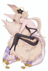 Rule 34 | 1boy, animal ears, anklet, backless outfit, barefoot, blonde hair, erune, fox ears, granblue fantasy, gucha (netsu), hair ornament, hugging own tail, hugging tail, jewelry, kou (granblue fantasy), large tail, long hair, looking at viewer, male focus, off shoulder, red eyes, sitting, smile, tail