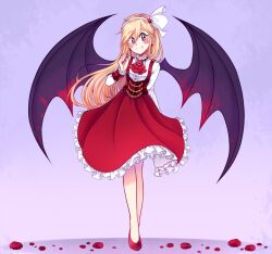 Rule 34 | 1girl, ascot, bare legs, bat wings, black wings, blonde hair, blush, breasts, brooch, closed mouth, corset, dreamysuite, fang, fingernails, frilled sleeves, frills, full body, hair ribbon, hairband, happy, highres, jewelry, kurumi (touhou), leaning forward, long hair, looking at viewer, nail polish, red ascot, red eyes, red footwear, red nails, red skirt, ribbon, shirt, skirt, small breasts, smile, solo, suspender skirt, suspenders, touhou, touhou (pc-98), very long hair, white hairband, white ribbon, white shirt, wings