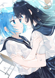Rule 34 | 2girls, absurdres, acco (sh in), ahoge, black hair, blue eyes, blue hair, blush, breasts, bubble, chair, character request, copyright request, hair between eyes, hands up, highres, long hair, looking at another, multiple girls, parted lips, profile, school uniform, serafuku, short hair, skirt, small breasts, table, tears, uniform, water, white background