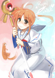 Rule 34 | 00s, 1girl, animal, antenna hair, bow, bowtie, brown eyes, collar, dress, ferret, gem, heart, holding, holding weapon, long sleeves, looking at viewer, lyrical nanoha, magical girl, mahou shoujo lyrical nanoha, orange hair, orb, polearm, raising heart, red bow, red bowtie, rkrk, solo, staff, standing, takamachi nanoha, twintails, uniform, weapon, whiskers, white dress, yuuno scrya