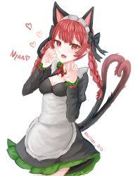 Rule 34 | 1girl, :d, alternate costume, animal ears, aoringo orin, apron, bow, bowtie, braid, breasts, cat ears, cat tail, claw pose, cleavage, dress, enmaided, fang, green dress, hair bow, hands up, heart, heart tail, highres, kaenbyou rin, long sleeves, maid, maid headdress, multiple tails, nekomata, open mouth, pointy ears, red bow, red bowtie, red eyes, red hair, simple background, skin fang, smile, solo, tail, touhou, twin braids, two tails, v-shaped eyebrows, white apron, white background