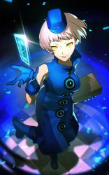 Rule 34 | 1girl, absurdres, blue dress, blue footwear, blue gloves, blue hat, boots, box, breasts, btmr game, checkered floor, dress, elizabeth (persona), from above, gloves, hat, highres, holding, holding box, large breasts, looking at viewer, parted lips, persona, persona 3, shadow, short hair, signature, sleeveless, sleeveless dress, solo, tarot, velvet room, white hair, yellow eyes