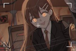 Rule 34 | 1girl, armband, black jacket, brown hair, brown necktie, collared shirt, crack, cracked glass, fourth wall, glowing, glowing eyes, hair ornament, hairclip, highres, hod (project moon), jacket, lobotomy corporation, long hair, looking at viewer, love mintchoco, necktie, open mouth, orange eyes, project moon, shirt, smile, solo, very long hair, viewfinder, white shirt, wing collar