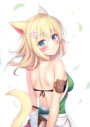 Rule 34 | 1girl, animal ears, arms behind back, backless outfit, bad id, bad pixiv id, bare shoulders, bikini, bikini top only, blonde hair, blue eyes, cat ears, cat tail, commentary request, facial mark, falling leaves, final fantasy, final fantasy xiv, flower, hair flower, hair ornament, leaf, long hair, looking at viewer, looking back, miqo&#039;te, motion blur, mutsuba fumi, partial commentary, smile, solo, swimsuit, tail