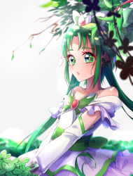 Rule 34 | 1girl, absurdres, agura dou, akimoto komachi, arm warmers, bare shoulders, branch, brooch, butterfly hair ornament, collarbone, commentary, cure mint, dress, green eyes, green hair, green theme, hair ornament, highres, jewelry, leaf, long hair, looking at viewer, magical girl, parted lips, precure, signature, solo, symbol-only commentary, twintails, upper body, white background, white dress, white sleeves, yes! precure 5
