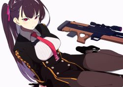 Rule 34 | 1girl, between breasts, breasts, bullpup, commentary, girls&#039; frontline, gloves, gun, hair ribbon, large breasts, long hair, looking at viewer, necktie, necktie between breasts, one side up, pantyhose, purple hair, red eyes, red necktie, ribbon, rifle, side ponytail, simple background, sitting, sniper rifle, sohin, solo, wa2000 (girls&#039; frontline), walther, walther wa 2000, weapon, white background