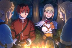 Rule 34 | 2boys, 2girls, black bodysuit, black gloves, black hair, blonde hair, blue capelet, blue tunic, blush, bodysuit, bowl, braid, campfire, capelet, champion&#039;s tunic (zelda), closed eyes, coat, commentary, crossover, darkness (konosuba), dungeon meshi, earrings, elf, english commentary, fingerless gloves, forest, french braid, gloves, hair ornament, highres, holding, holding bowl, jewelry, kono subarashii sekai ni shukufuku wo!, link, long hair, looking at another, marcille donato, multicolored hair, multiple boys, multiple girls, narrowed eyes, nature, night, nintendo, outdoors, pointy ears, ponytail, rappa, red coat, red hair, short hair, sitting, sousou no frieren, stark (sousou no frieren), the legend of zelda, the legend of zelda: breath of the wild, tree, two-tone hair, x hair ornament