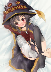 Rule 34 | 10s, 1girl, bandages, belt, black hair, black panties, black thighhighs, blush, cape, collar, commentary request, dress, fingerless gloves, gloves, hat, highres, kono subarashii sekai ni shukufuku wo!, legs up, lying, megumin, on back, open mouth, panties, panty pull, red dress, red eyes, shirogane yuu, short hair, single thighhigh, solo focus, tears, thighhighs, underwear, witch hat