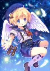 Rule 34 | 1boy, argyle, argyle clothes, argyle legwear, bad id, bad pixiv id, binoculars, blonde hair, blue eyes, blue sailor collar, crescent, feathers, full body, hat, kneehighs, loafers, looking at viewer, male focus, necktie, open mouth, original, puffy short sleeves, puffy sleeves, red necktie, sailor collar, sailor hat, sakura puchirou, shirt, shoes, short sleeves, shorts, sky, smile, socks, solo, star (sky), star (symbol), starry sky, striped clothes, striped necktie, striped neckwear, striped shirt, suspenders, vertical-striped clothes, vertical-striped shirt, white socks, wings