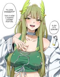 Rule 34 | 1girl, :d, absurdres, arknights, bare shoulders, breasts, choker, cleavage, coat, commentary, crop top, green hair, green tank top, highres, lactation, large breasts, long hair, looking at viewer, midriff, muelsyse (arknights), off shoulder, open clothes, open coat, open mouth, pointy ears, simple background, smile, solo, speech bubble, symmetricturd, tank top, upper body, very long hair, white background, white coat, yellow eyes